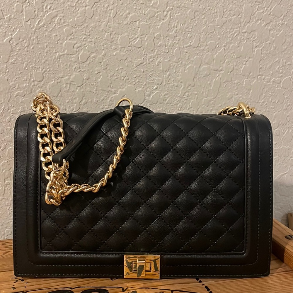 INC International Concepts Black Quilted Shoulder Bag with Gold Chain
